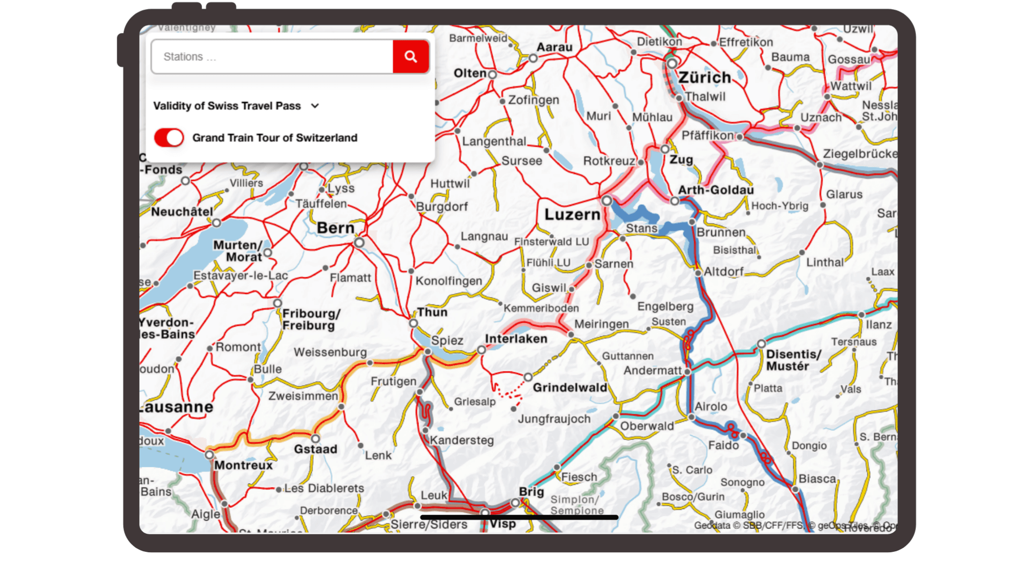 Karte mit Grand Train Tour und Direktverbindungen aus Europa